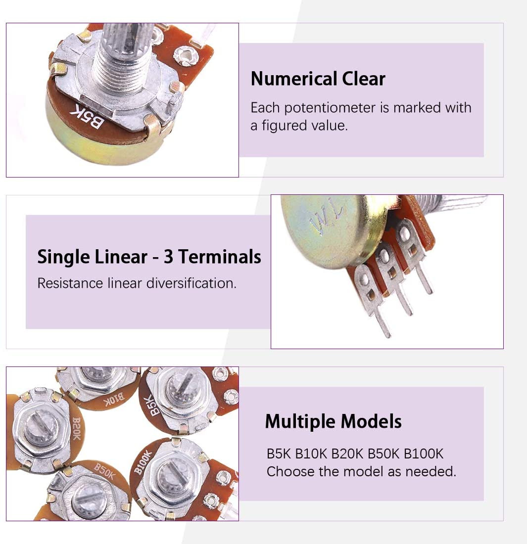 Potentiomètre à cône rotatif linéaire à arbre moleté avec 5 types différents de bouton – Image 3