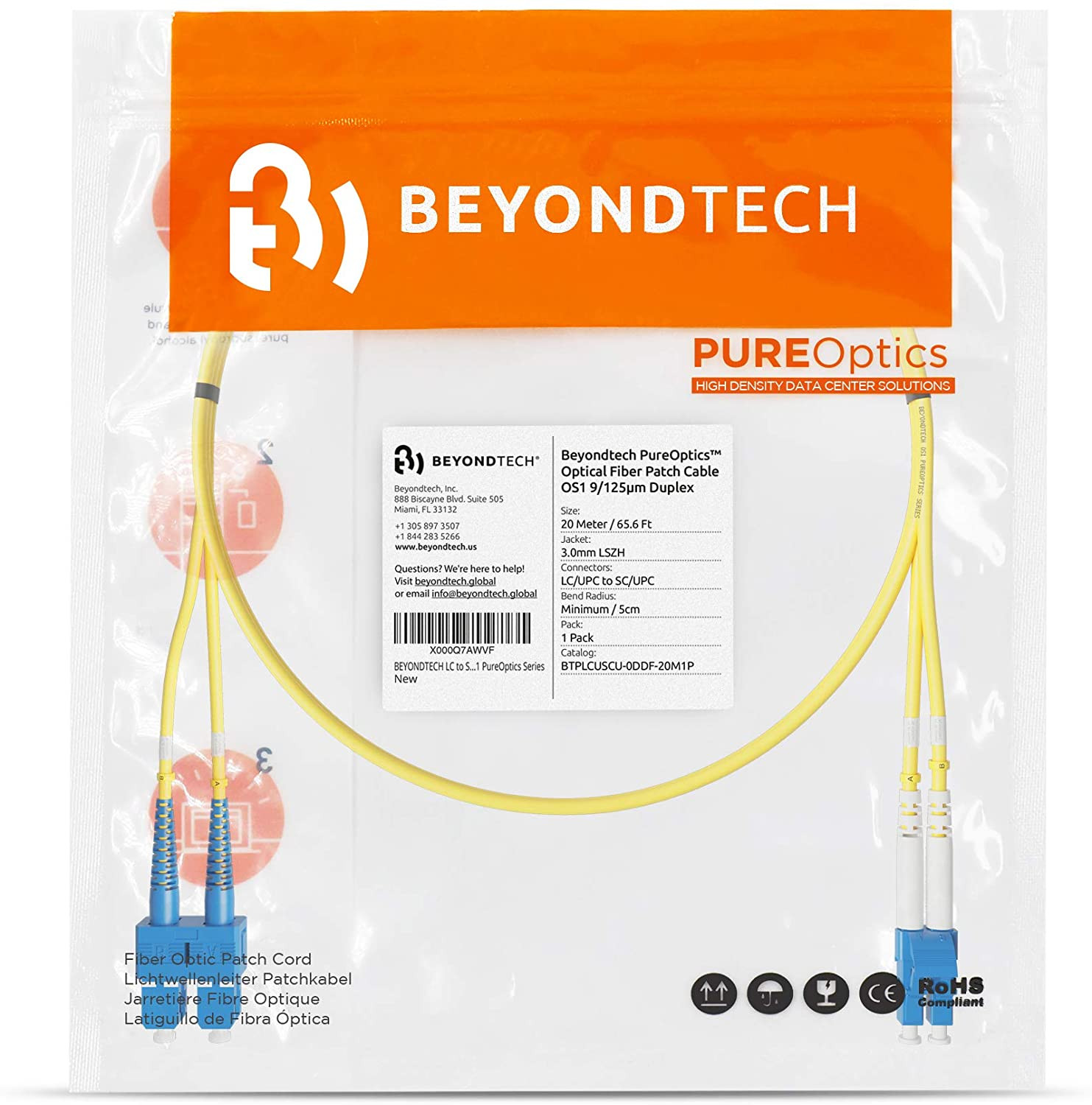 Câble de raccordement fibre optique LC à SC Duplex monomod 9 / 125um OS1 LSZH - Série de câbles Beyondtech PureOptics – Image 3