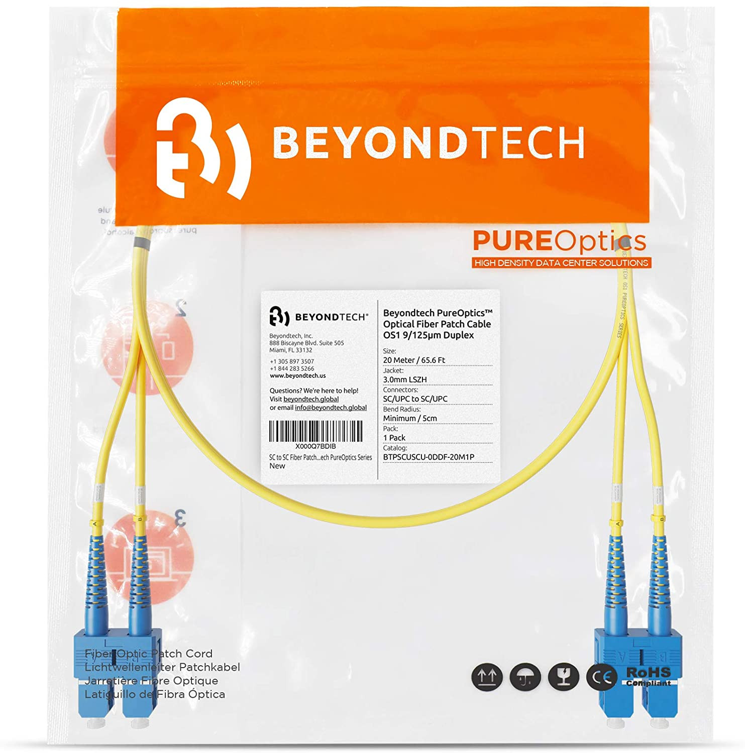 Câble de brassage fibre SC vers SC Duplex monomode 9 / 125um OS1 LSZH - Série de câbles Beyondtech PureOptics – Image 2