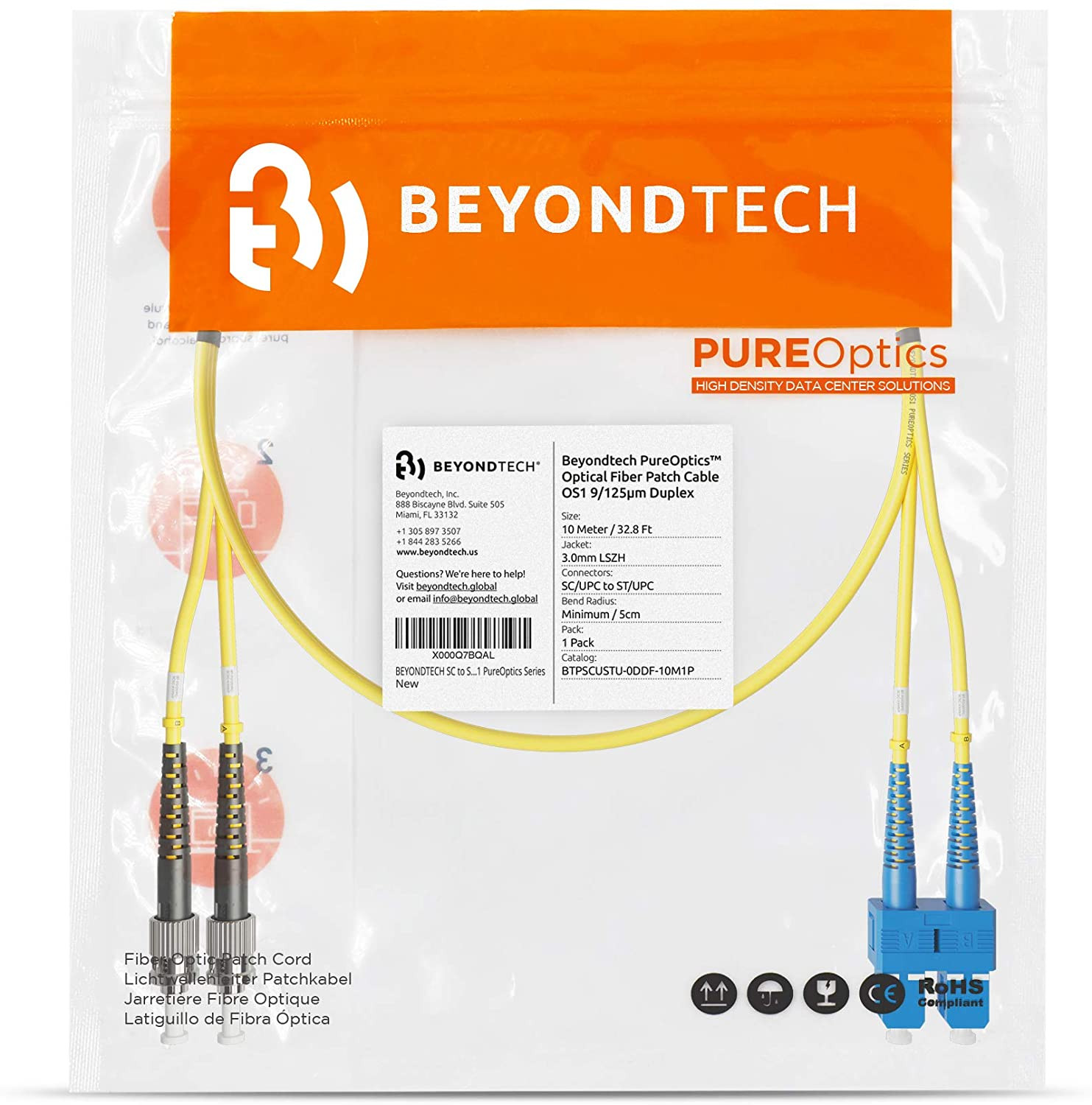 Câble de brassage fibre SC vers ST Duplex monomode 9 / 125um OS1 LSZH - Série de câbles Beyondtech PureOptics – Image 2