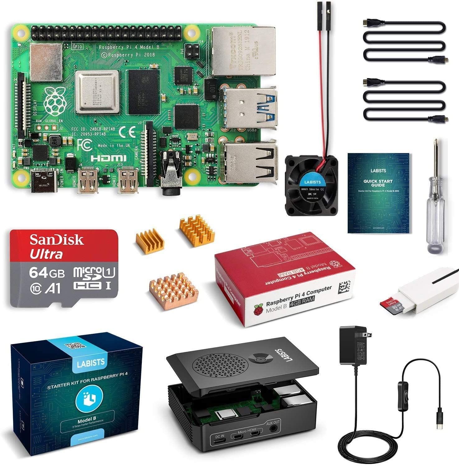 LABISTS Raspberry Pi 4 Modèle B 4 Go de RAM Kit de démarrage complet PRO avec carte Micro SD de 64 Go (4 Go de RAM)