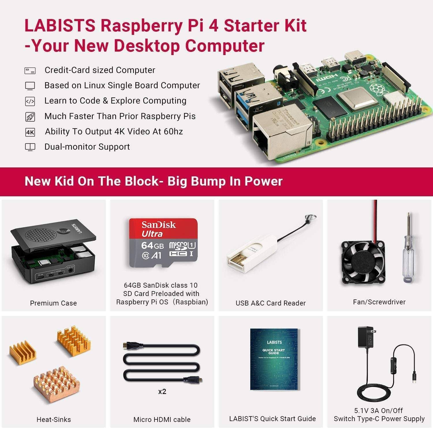 LABISTS Raspberry Pi 4 Modèle B 4 Go de RAM Kit de démarrage complet PRO avec carte Micro SD de 64 Go (4 Go de RAM) – Image 2