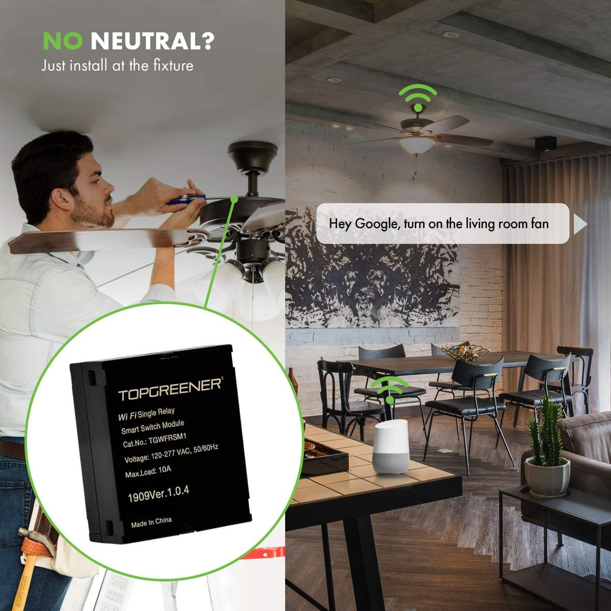 Module de relais WiFi télécommande sans fil, interrupteur intelligent caché pour ventilateurs, lumières, prises, 120-240VAC, 10A – Image 6