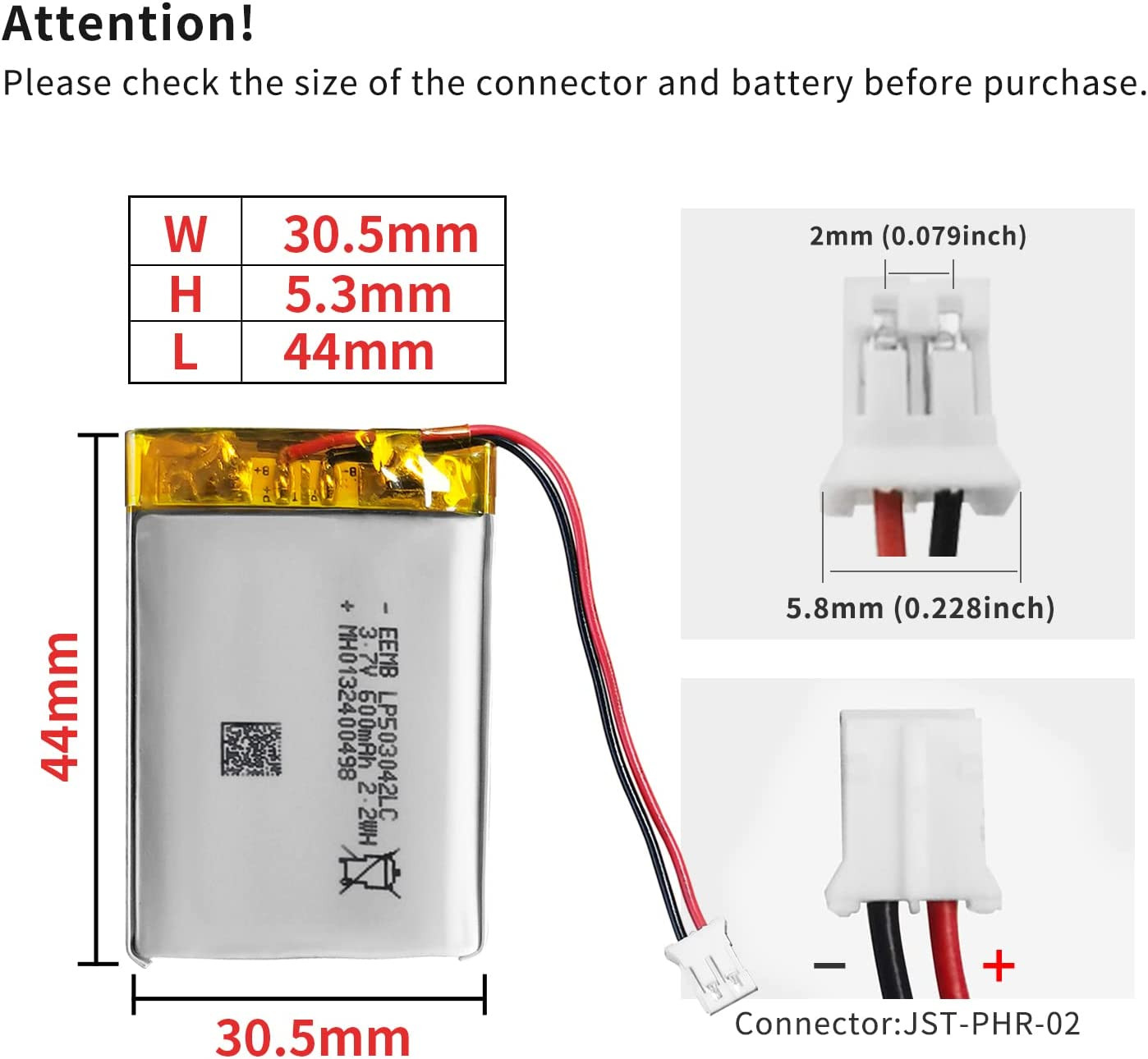 Batterie Lipo EEMB 3.7V 600mAh 503042 rechargeable avec connecteur JST – Image 2