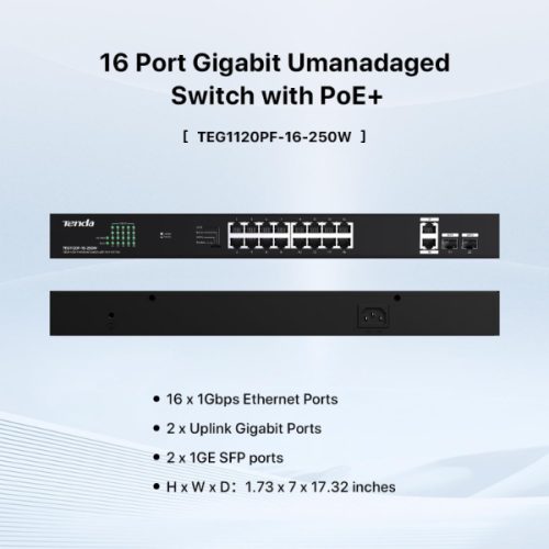 Alternative view of TENDA SWITCH 16 PORTS GIGABIT POE TEG1120P-16-250W
