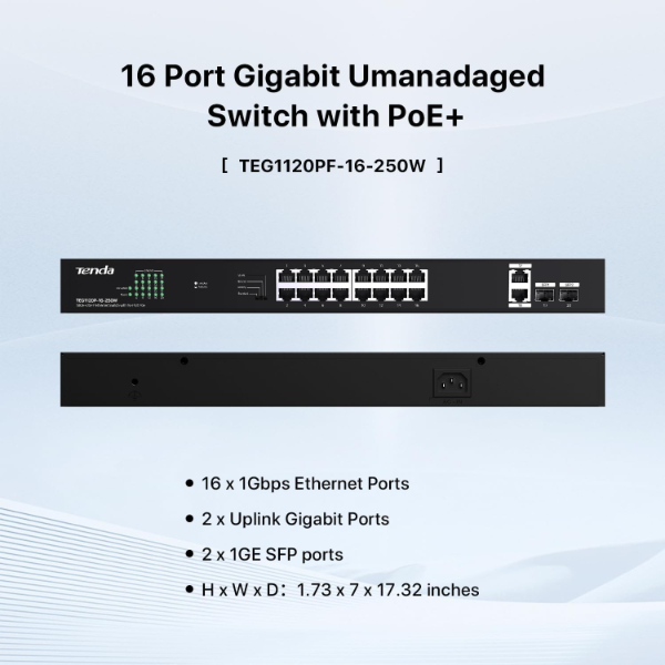 TENDA SWITCH 16 PORTS GIGABIT POE TEG1120P-16-250W – Image 2