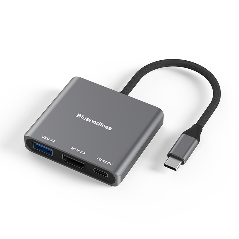 Blueendless HD301 Hub USB-C 3-en-1 – HDMI 4K 60Hz, USB 3.0 5Gbps et Power Delivery 100W en aluminium
