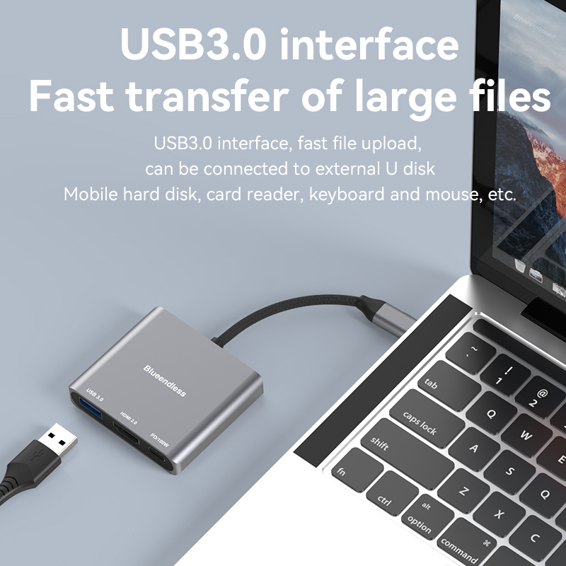 Blueendless HD301 Hub USB-C 3-en-1 – HDMI 4K 60Hz, USB 3.0 5Gbps et Power Delivery 100W en aluminium – Image 2